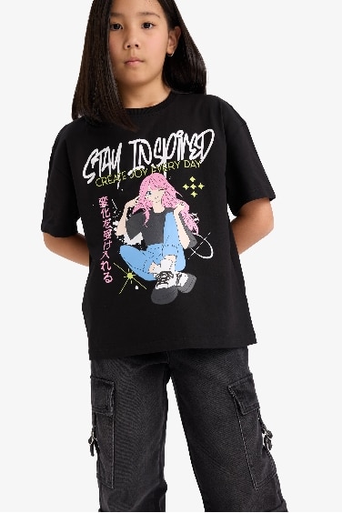 Girl Oversize Fit Crew Neck Printed Short Sleeve T-Shirt