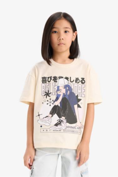 تيشيرت بناتي نص ردن بطبعة شعار اوفر سايز بياخة مستديرة