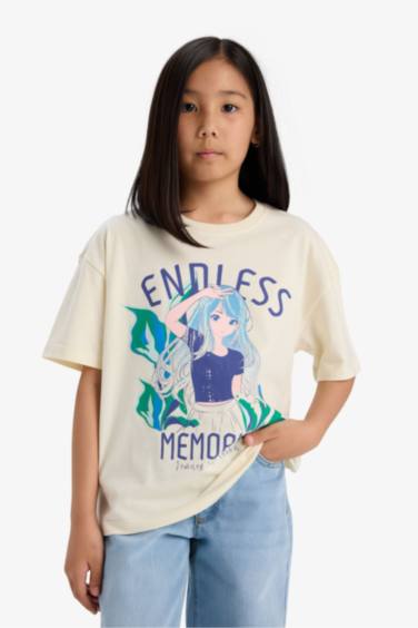 Girl Oversize Fit Crew Neck Printed Short Sleeve T-Shirt