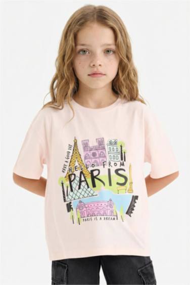 Girl Oversize Fit Crew Neck Slogan Printed T-shirt