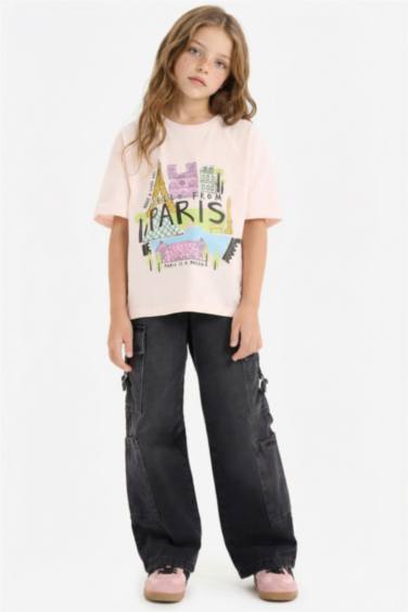 Girl Oversize Fit Crew Neck Slogan Printed T-shirt