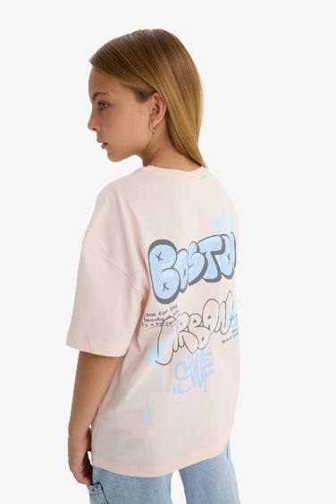 Girl Oversize Fit Crew Neck Slogan Printed T-Shirt