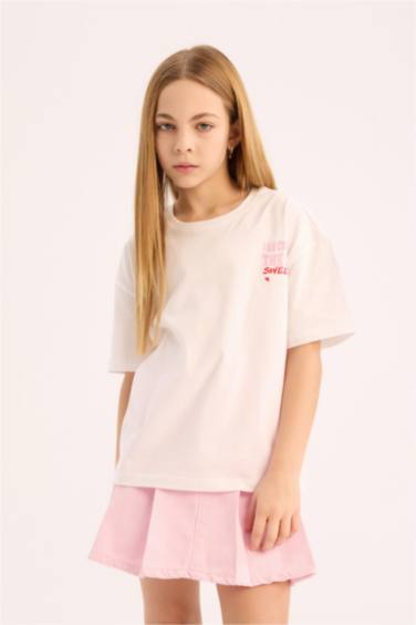 تيشيرت بناتي نص ردن بطبعة شعار اوفر سايز