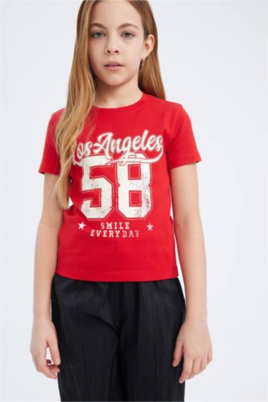 Girl Slim Fit Crew Neck Printed Ribbed T-Shirt