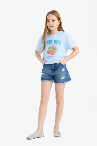 Girl Crew Neck Slogan Printed Short Sleeve T-shirt
