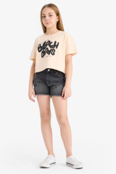 تيشيرت بناتي نص ردن مطبوع وياخة مستديرة