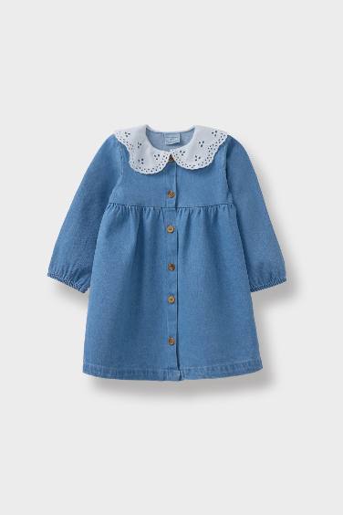 Baby Girl Embroidered Long Sleeve Denim Dress