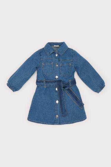 Baby Girl Shirt Collar Belted Jean Dress