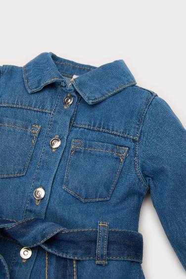 Baby Girl Shirt Collar Belted Denim Dress