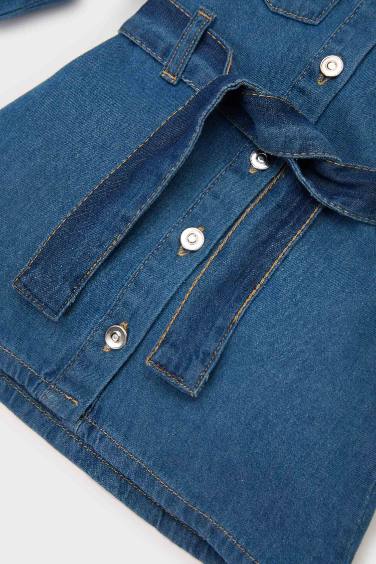 Baby Girl Shirt Collar Belted Denim Dress