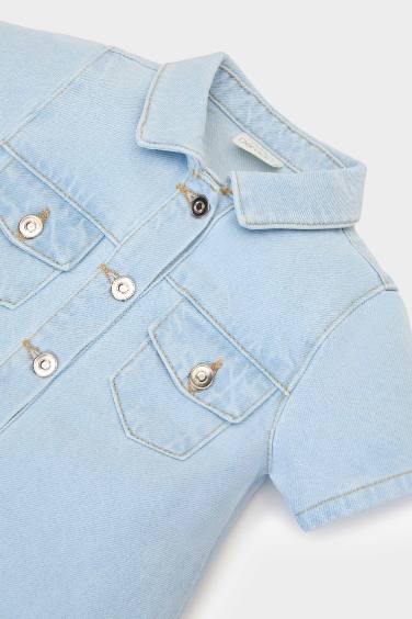 فستان جينز قصة عادية كم طويل برقبة بالدانتيل