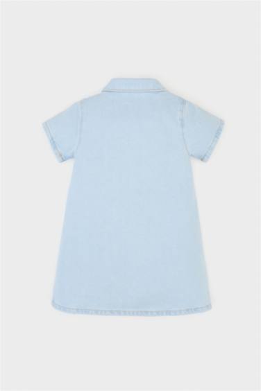 فستان جينز قصة عادية كم طويل برقبة بالدانتيل