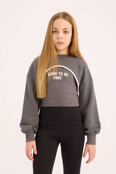 Girl Crew Neck Printed Crop Sweatshirt