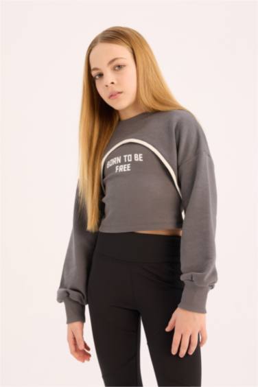 Kız Çocuk Crop Bisiklet Yaka Baskılı Sweatshirt