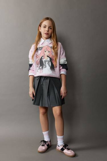 Kız Çocuk Relax Fit Bisiklet Yaka Baskılı Sweatshirt