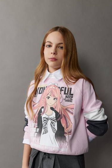 Kız Çocuk Relax Fit Bisiklet Yaka Baskılı Sweatshirt