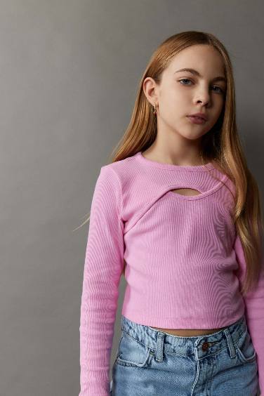 Kız Çocuk Bisiklet Yaka Fitilli Kaşkorse Uzun Kollu Tişört