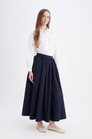 A Kesim Beli Fermuarlı Basic Düz Poplin Kumaş Maxi Etek