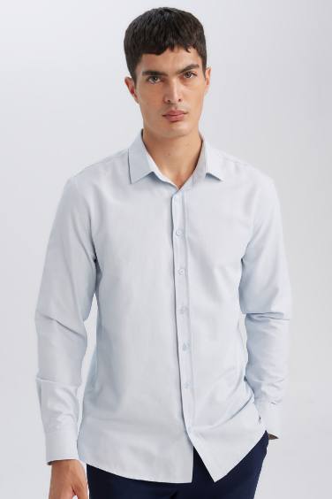 Chemise à manches longues en coton texturé, col polo, coupe moderne