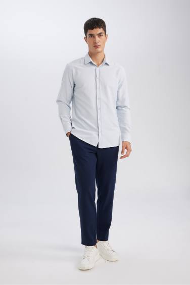 Modern Fit Dokulu Pamuk Karışımlı Uzun Kollu Gömlek
