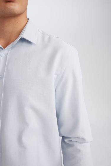 Modern Fit Dokulu Pamuk Karışımlı Uzun Kollu Gömlek