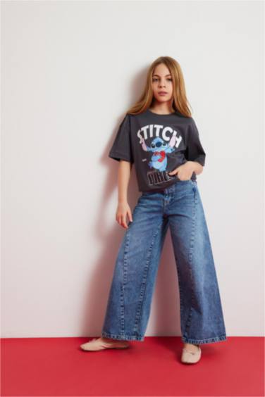 T-shirt oversize imprimé Stitch à col rond et manches courtes pour fille