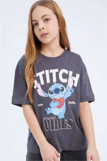 T-shirt oversize imprimé Stitch à col rond et manches courtes pour fille