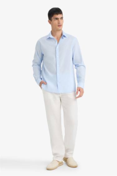 قميص كتان كم طويل قصة عادية بياقة بولو