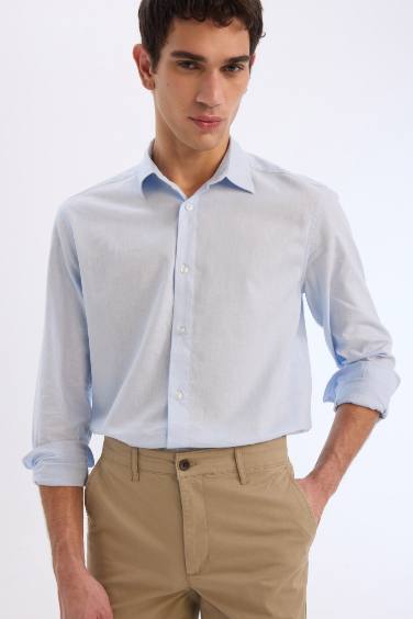 Regular Fit Polo Yaka Keten Karışımlı Yazlık Uzun Kollu Gömlek
