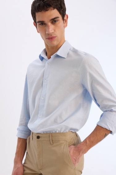 Regular Fit Polo Yaka Keten Karışımlı Yazlık Uzun Kollu Gömlek