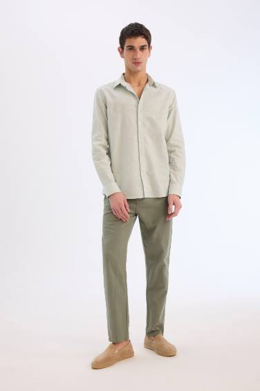 Regular Fit Polo Yaka Keten Karışımlı Yazlık Uzun Kollu Gömlek