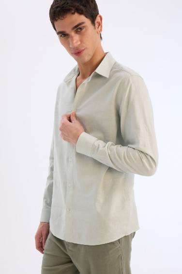 Regular Fit Polo Yaka Keten Karışımlı Yazlık Uzun Kollu Gömlek