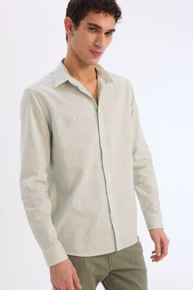 Regular Fit Polo Yaka Keten Karışımlı Yazlık Uzun Kollu Gömlek