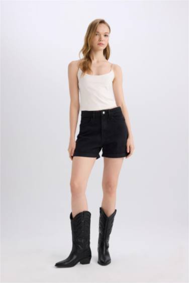 Mom Fit Yüksek Bel Katlamalı Paça Jean Şort