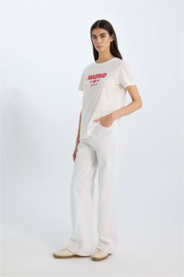 Regular Fit Crew Neck Slogan Printed Casual T-Shirt