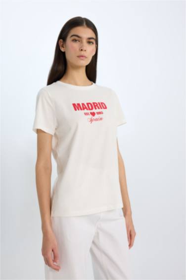 Regular Fit Crew Neck Slogan Printed Casual T-Shirt