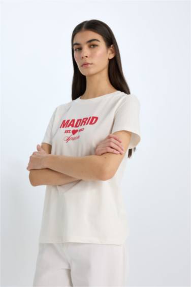 Regular Fit Crew Neck Slogan Printed Casual T-Shirt