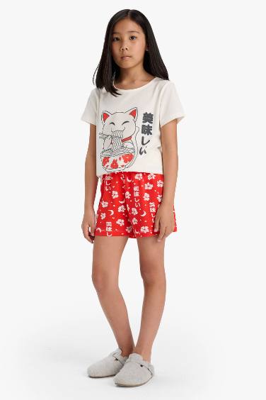 Kız Çocuk Pijama Takımı Baskılı Kısa Kollu Üst Desenli Şort