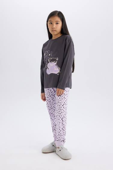 Pijama Takımı Baskılı Uzun Kollu Üst Beli Lastikli Desenli Uzun Alt Kız Çocuk