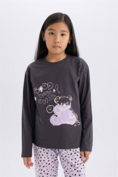 Pijama Takımı Baskılı Uzun Kollu Üst Beli Lastikli Desenli Uzun Alt Kız Çocuk