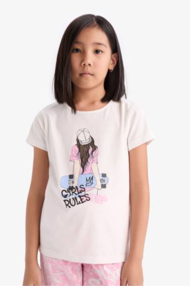 Пижама для девочек с принтом, с коротким рукавом и длинными брюками