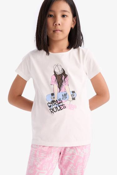 Пижама для девочек с принтом, с коротким рукавом и длинными брюками