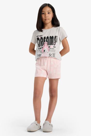 Kız Çocuk Pijama Takımı Baskılı Kısa Kollu Üst Desenli Şort