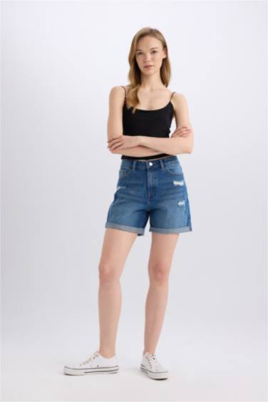 Джинсовые шорты с высокой посадкой и отворотами