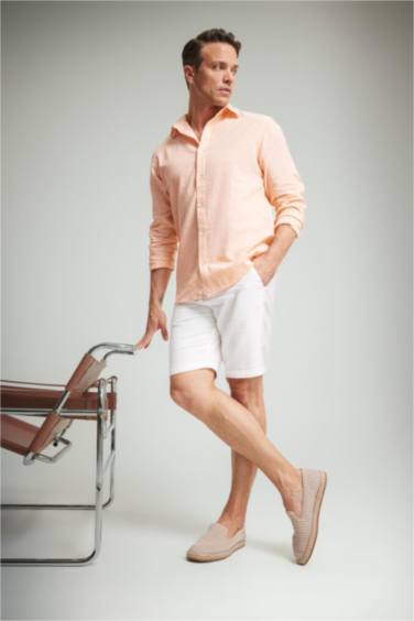 Regular Fit Рубашка с Поло Воротником из Смеси Льна с Длинными Рукавами