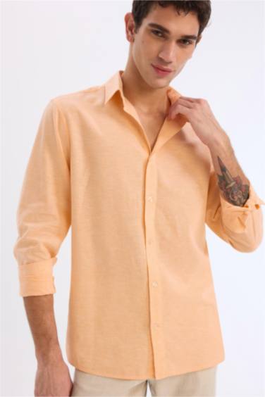 Regular Fit Рубашка с Поло Воротником из Смеси Льна с Длинными Рукавами