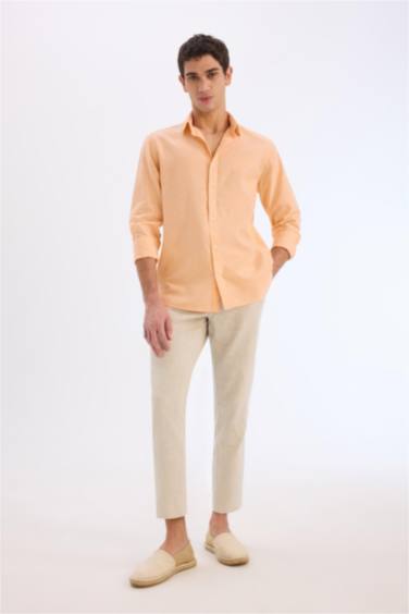 Regular Fit Рубашка с Поло Воротником из Смеси Льна с Длинными Рукавами