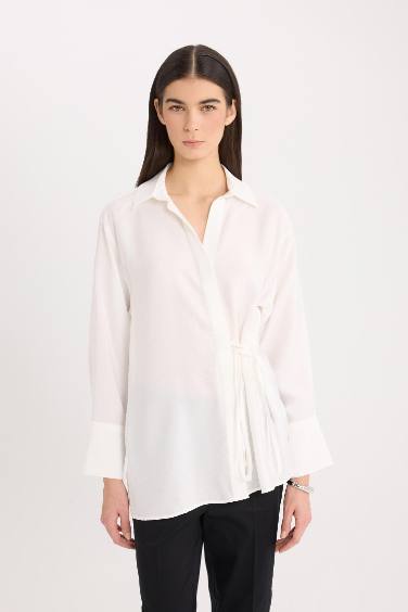 Oversize Geniş Kalıp Bağlamalı Uzun Kollu Gömlek