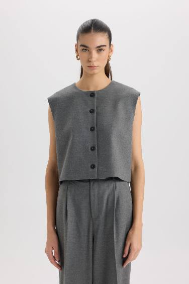 Crew Neck Basic Buttoned Blazer Vest