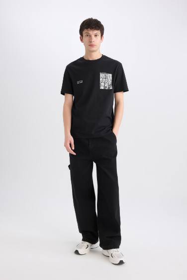 تيشيرت نص كم مطبوع من قطن قصة عادية برقبة مستديرة